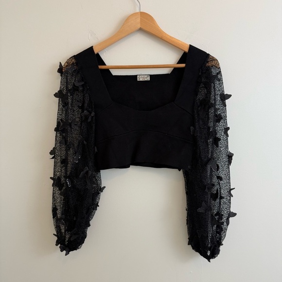 Free People Intimately Size M Flutter Crop Top Butterfly 3D Mesh Sleeve Witchy - Picture 1 of 9